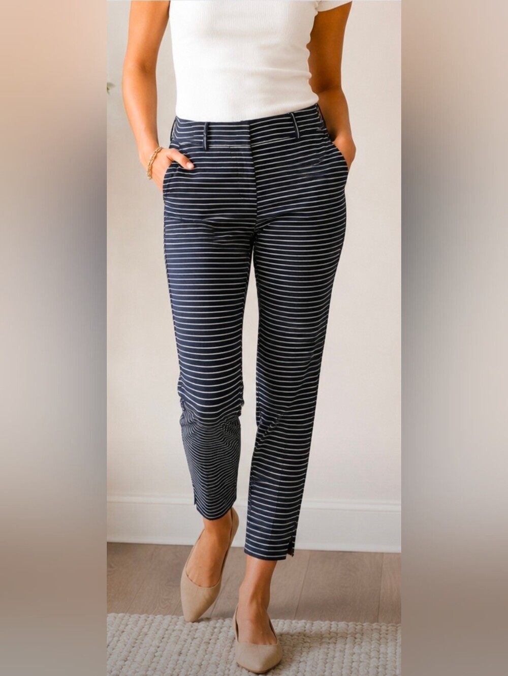 LOFT The Riviera Pant Navy White Stripe Slim Ankle Pants Women’s 00P